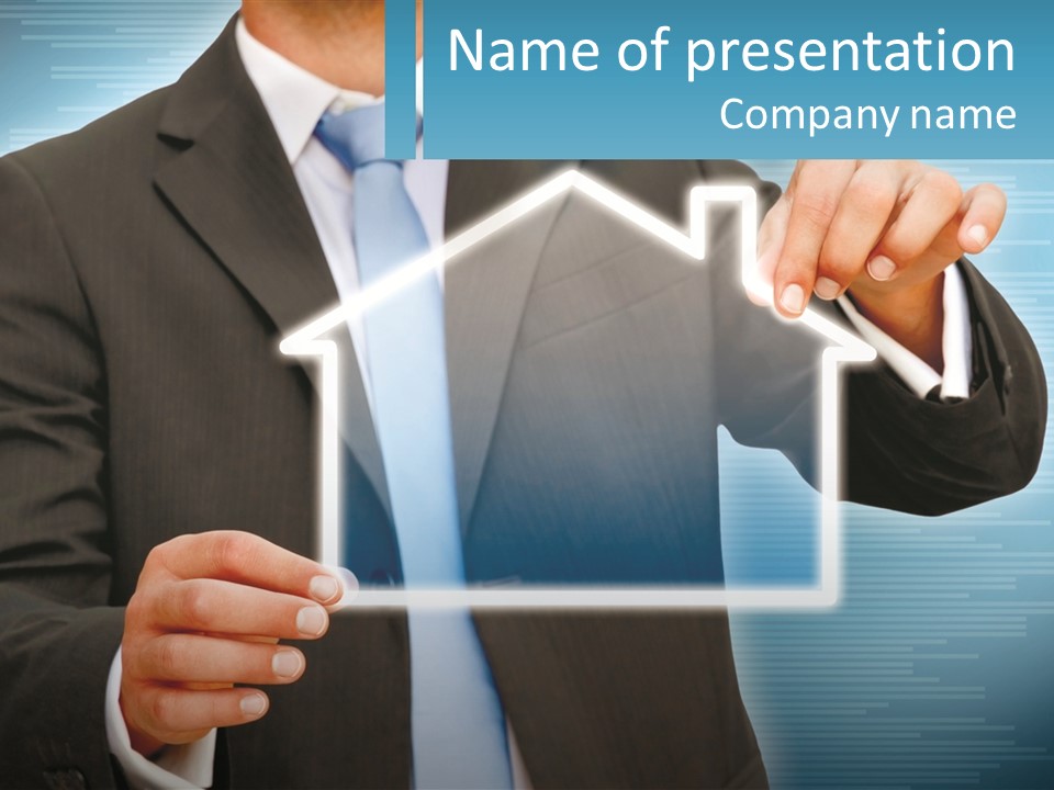 A Man In A Suit And Tie Is Pointing To A House PowerPoint Template