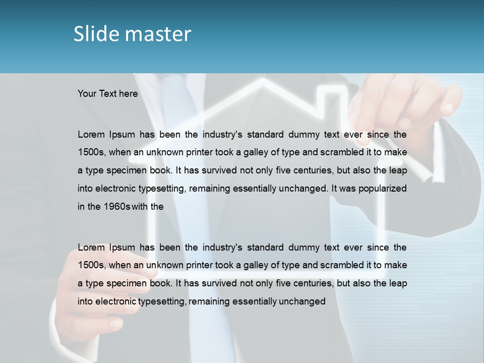 A Man In A Suit And Tie Is Pointing To A House PowerPoint Template