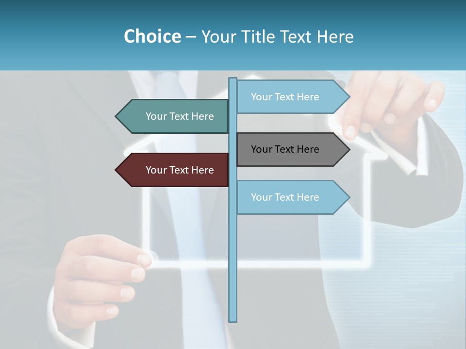 A Man In A Suit And Tie Is Pointing To A House PowerPoint Template