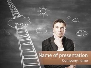 A Man Standing In Front Of A Chalkboard With A Ladder PowerPoint Template