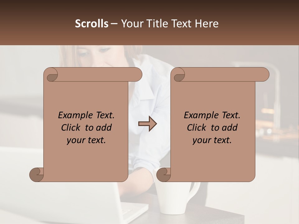A Woman Sitting At A Table Using A Laptop Computer PowerPoint Template