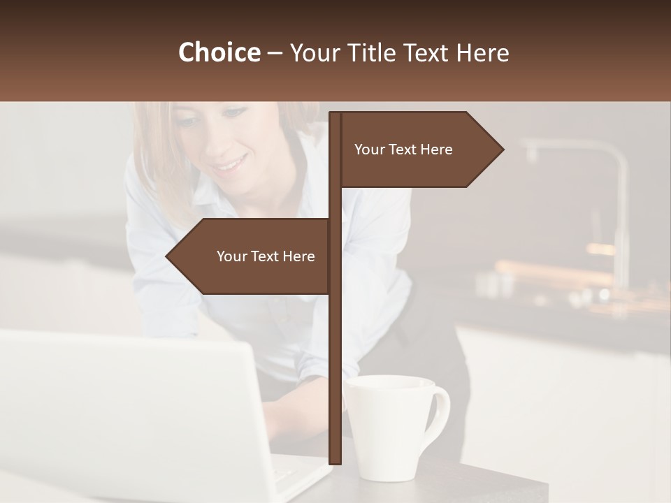 A Woman Sitting At A Table Using A Laptop Computer PowerPoint Template