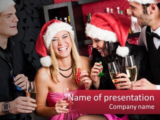 A Group Of People In Santa Hats Drinking Champagne PowerPoint Template