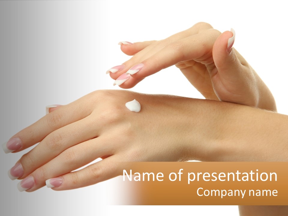 A Woman's Hands With White Nail Polish On Them PowerPoint Template