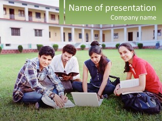 A Group Of People Sitting On The Grass With A Laptop PowerPoint Template