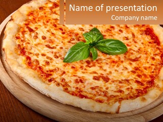 A Pizza On A Wooden Plate On A Table PowerPoint Template