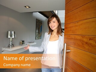 A Woman Standing In Front Of A Wooden Door PowerPoint Template