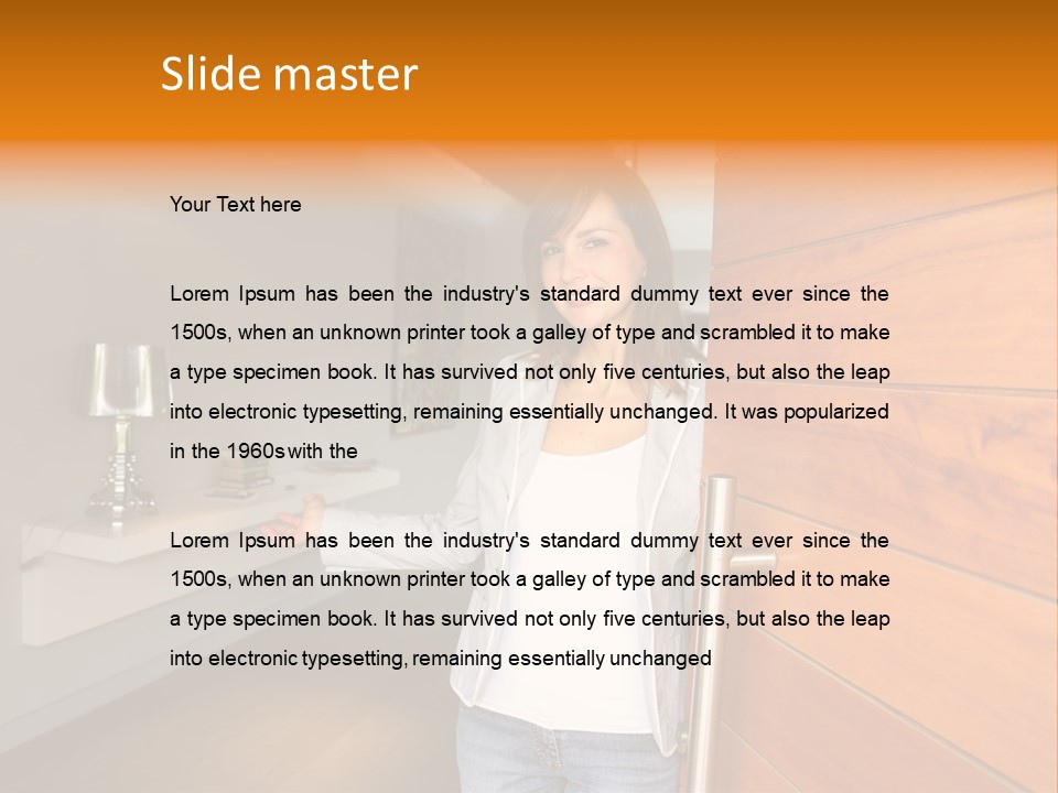 A Woman Standing In Front Of A Wooden Door PowerPoint Template