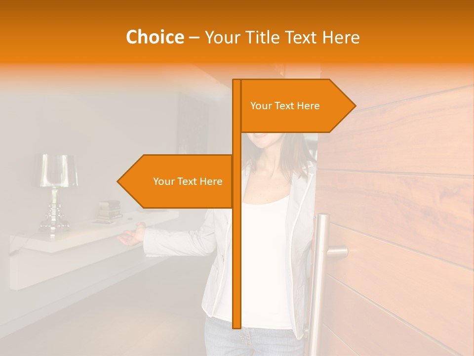 A Woman Standing In Front Of A Wooden Door PowerPoint Template