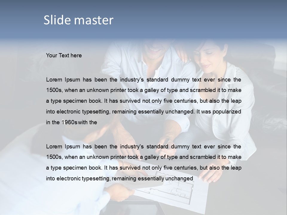 A Man And Woman Sitting On A Couch Looking At A Blueprint PowerPoint Template