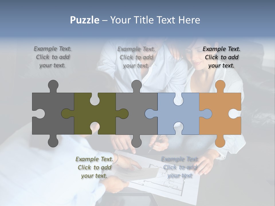 A Man And Woman Sitting On A Couch Looking At A Blueprint PowerPoint Template