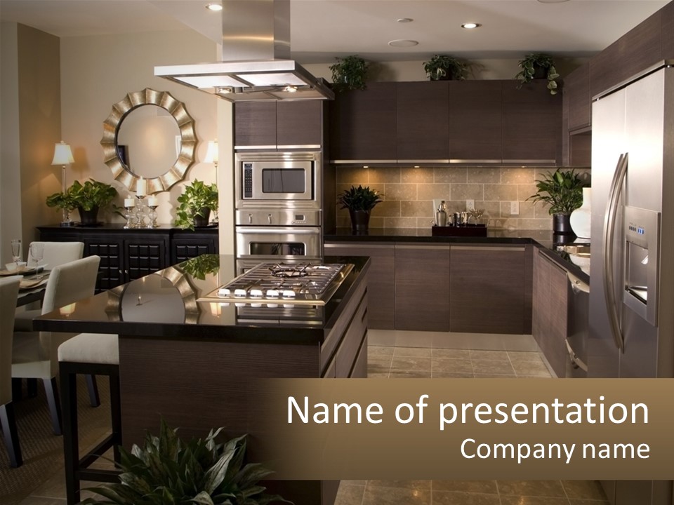 A Modern Kitchen With A Center Island And Stainless Steel Appliances PowerPoint Template