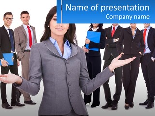 A Woman In A Business Suit Is Holding Out Her Hands PowerPoint Template