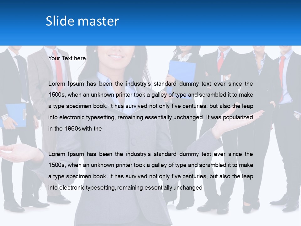 A Woman In A Business Suit Is Holding Out Her Hands PowerPoint Template