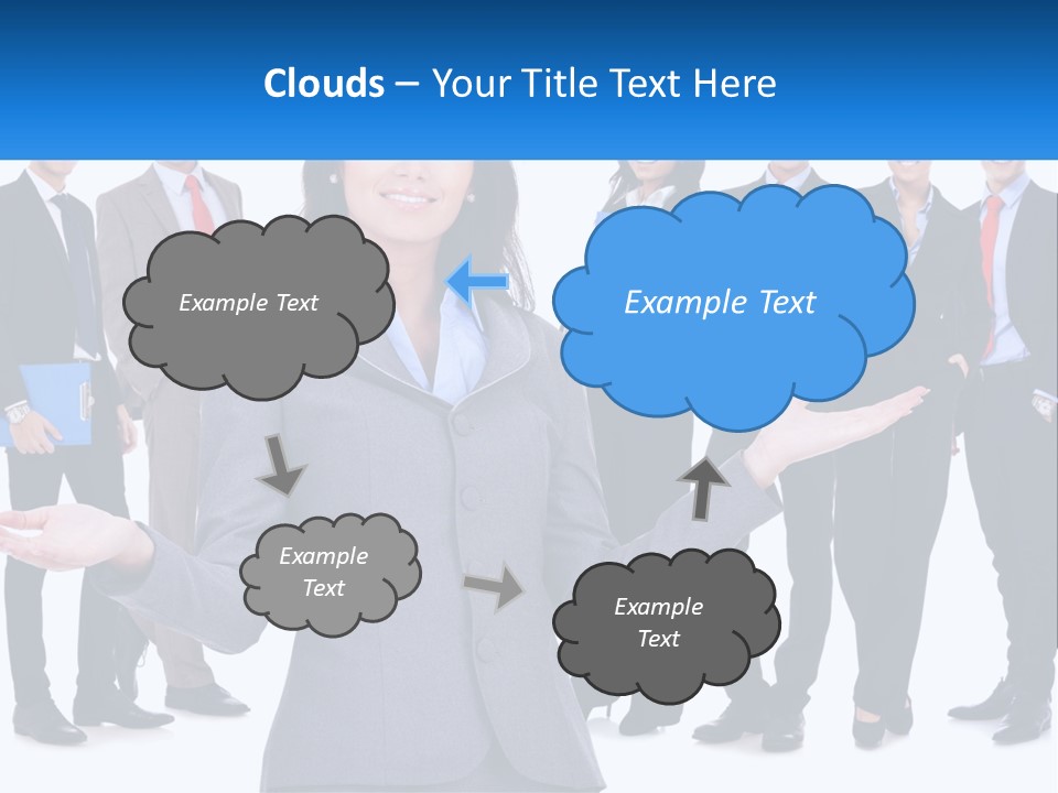 A Woman In A Business Suit Is Holding Out Her Hands PowerPoint Template