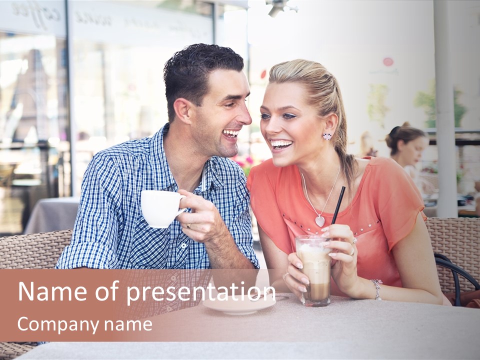 A Man And Woman Sitting At A Table Drinking Coffee PowerPoint Template