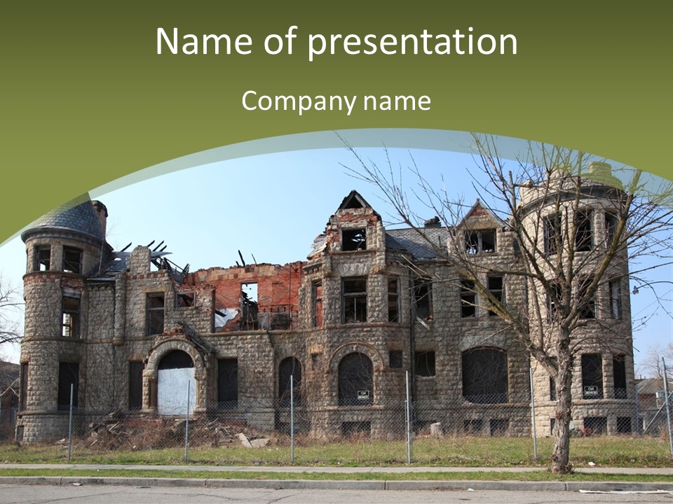 An Old Abandoned Building With A Green Background PowerPoint Template