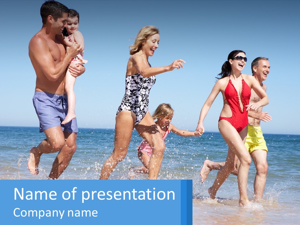 A Group Of People Running In The Water At The Beach PowerPoint Template