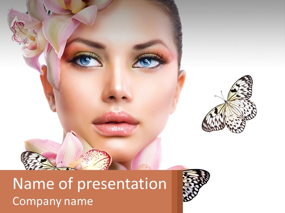 A Beautiful Woman With Butterflies On Her Head PowerPoint Template