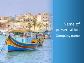 A Colorful Boat In The Water With A City In The Background PowerPoint Template