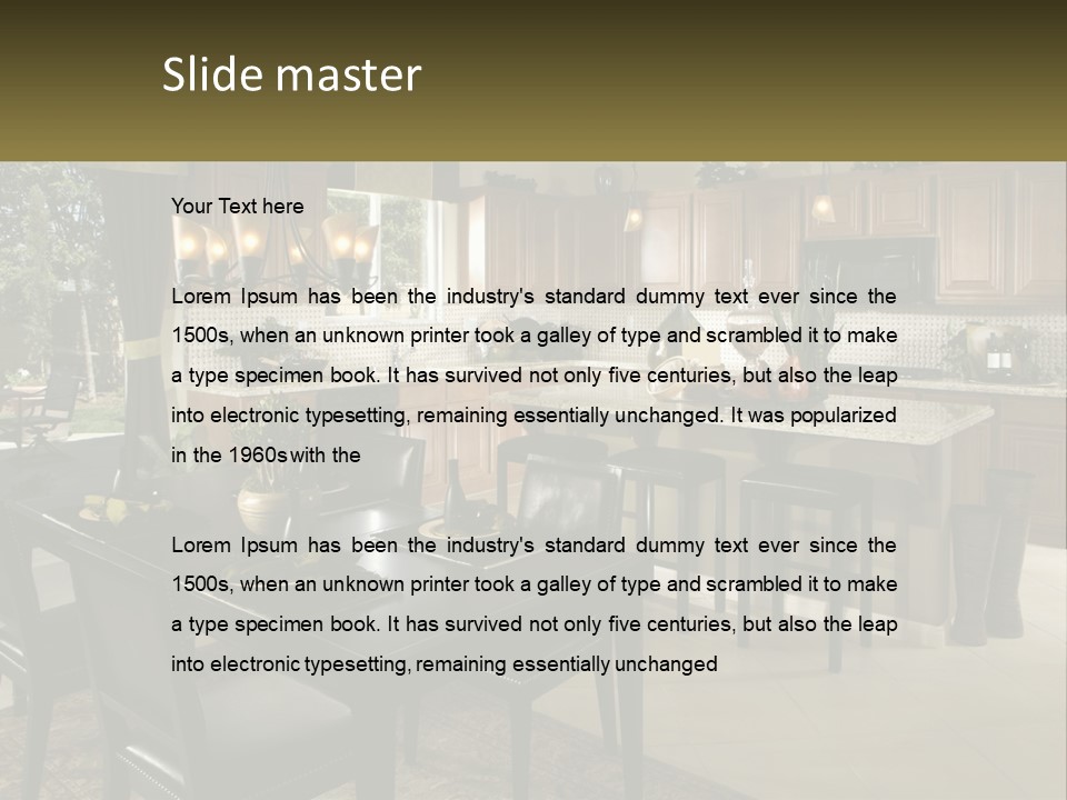 A Large Kitchen With A Table And Chairs In It PowerPoint Template