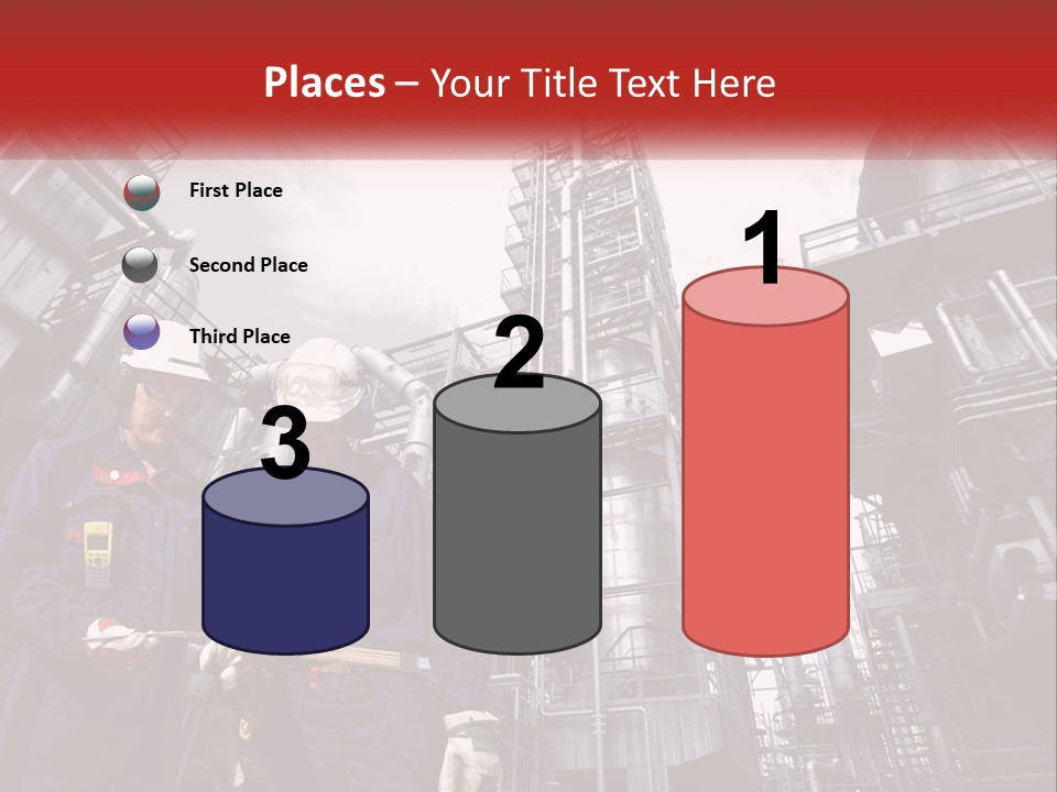 Two Men Standing Next To Each Other In Front Of A Factory PowerPoint Template