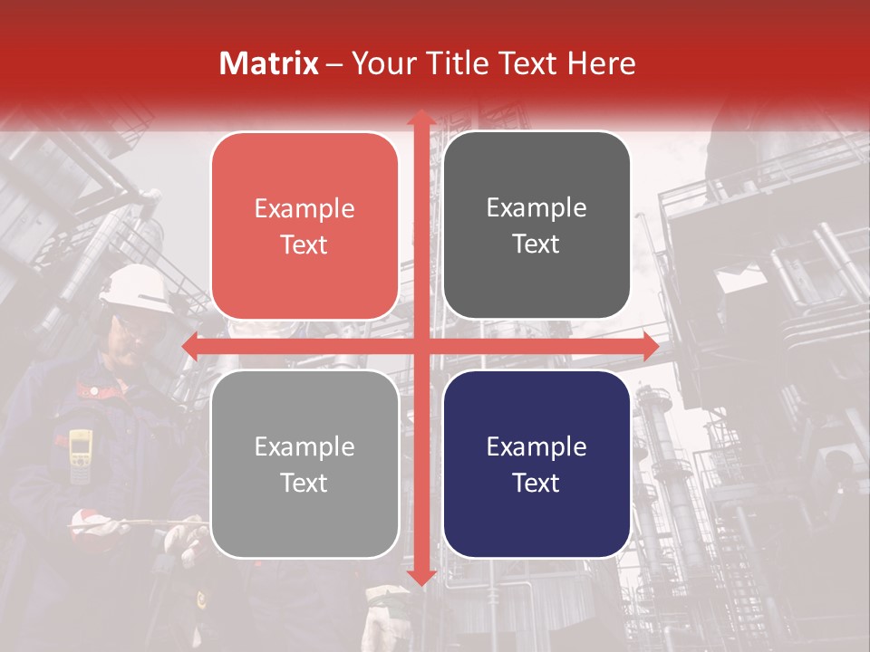 Two Men Standing Next To Each Other In Front Of A Factory PowerPoint Template