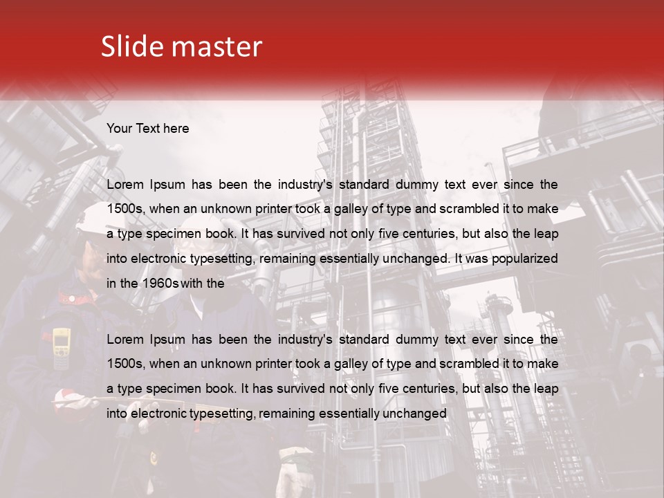 Two Men Standing Next To Each Other In Front Of A Factory PowerPoint Template