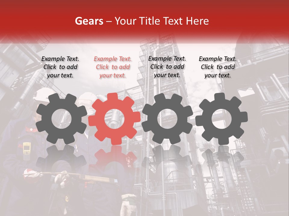 Two Men Standing Next To Each Other In Front Of A Factory PowerPoint Template