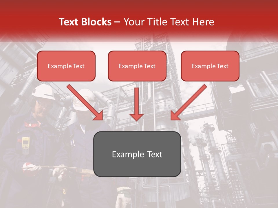Two Men Standing Next To Each Other In Front Of A Factory PowerPoint Template