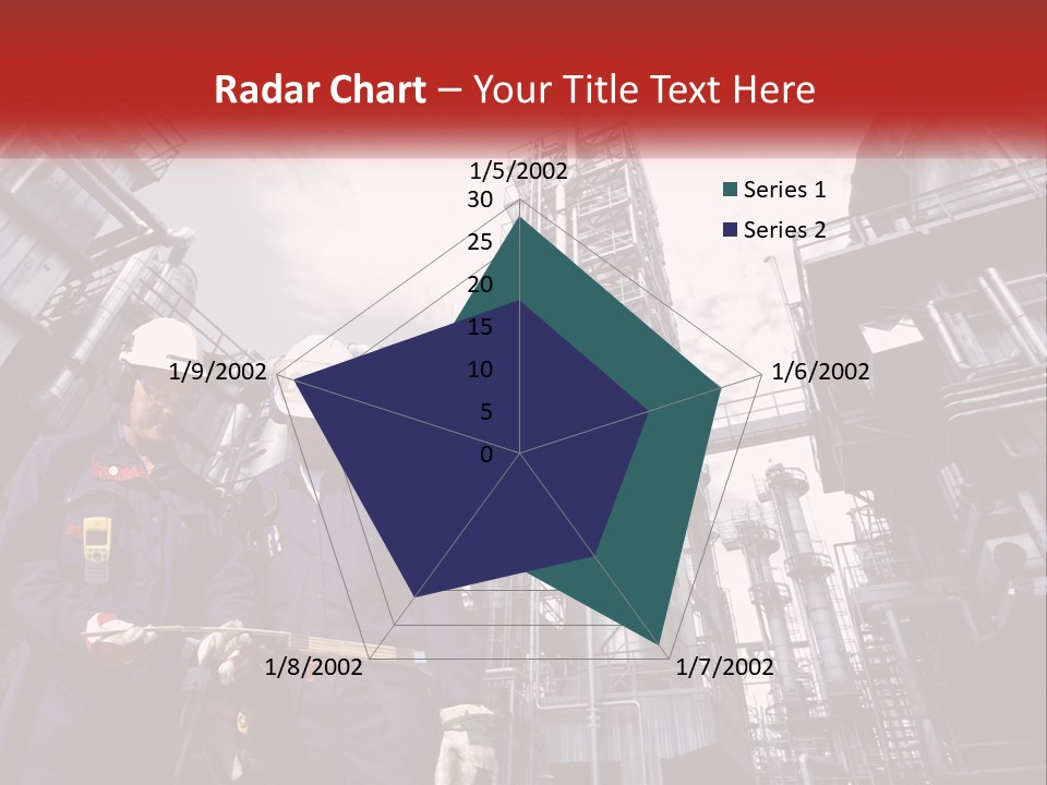 Two Men Standing Next To Each Other In Front Of A Factory PowerPoint Template