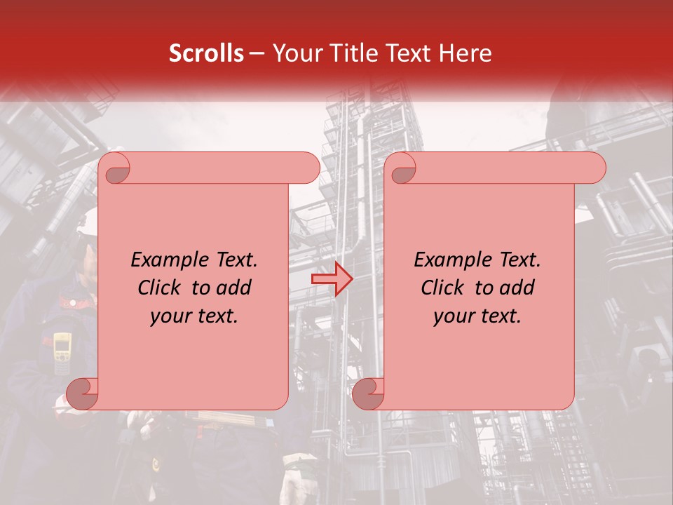 Two Men Standing Next To Each Other In Front Of A Factory PowerPoint Template