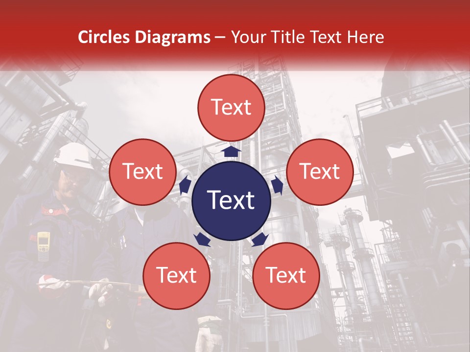 Two Men Standing Next To Each Other In Front Of A Factory PowerPoint Template