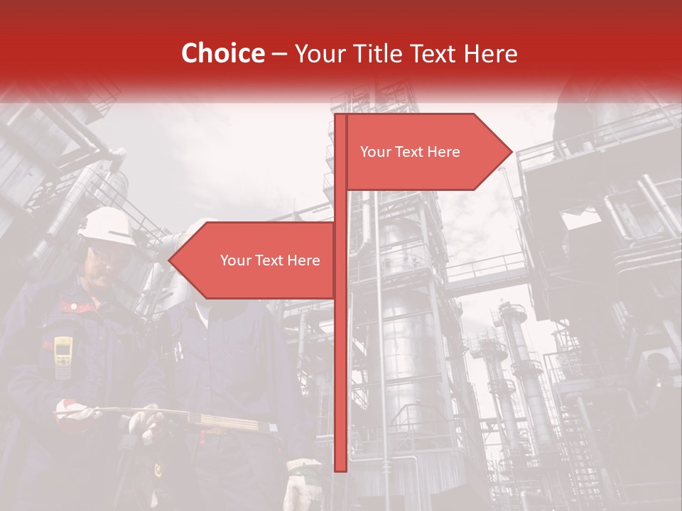 Two Men Standing Next To Each Other In Front Of A Factory PowerPoint Template