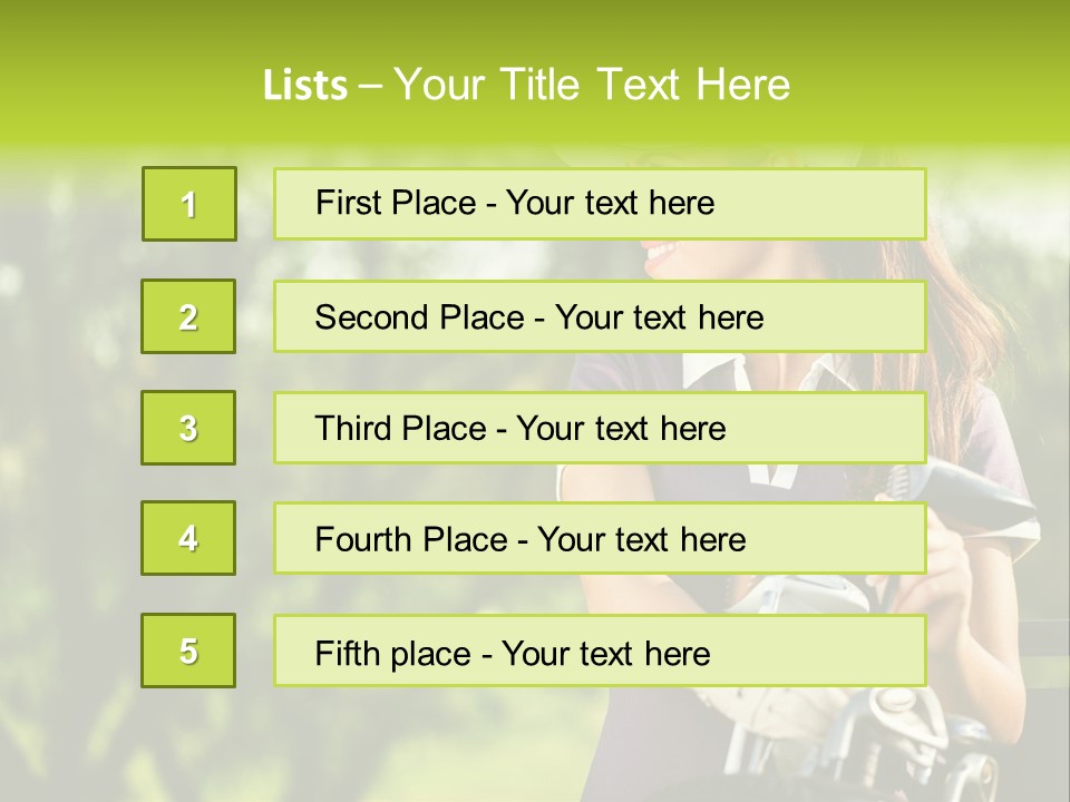 A Woman In A Purple Shirt And White Visor Holding A Golf Club PowerPoint Template