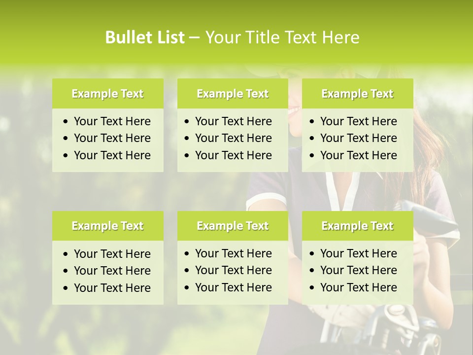 A Woman In A Purple Shirt And White Visor Holding A Golf Club PowerPoint Template