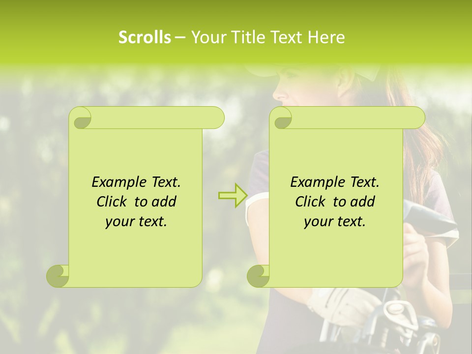 A Woman In A Purple Shirt And White Visor Holding A Golf Club PowerPoint Template