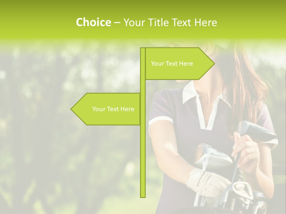 A Woman In A Purple Shirt And White Visor Holding A Golf Club PowerPoint Template