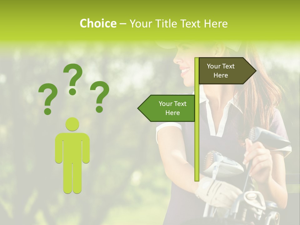 A Woman In A Purple Shirt And White Visor Holding A Golf Club PowerPoint Template