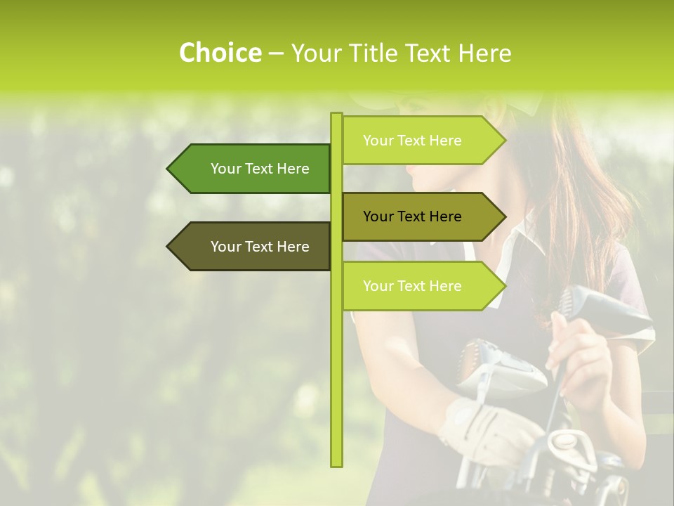 A Woman In A Purple Shirt And White Visor Holding A Golf Club PowerPoint Template