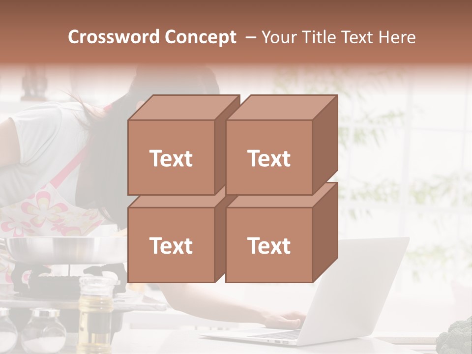 A Woman Using A Laptop On A Kitchen Counter PowerPoint Template