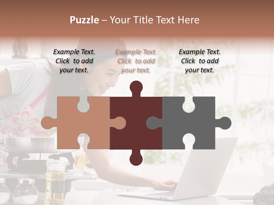 A Woman Using A Laptop On A Kitchen Counter PowerPoint Template