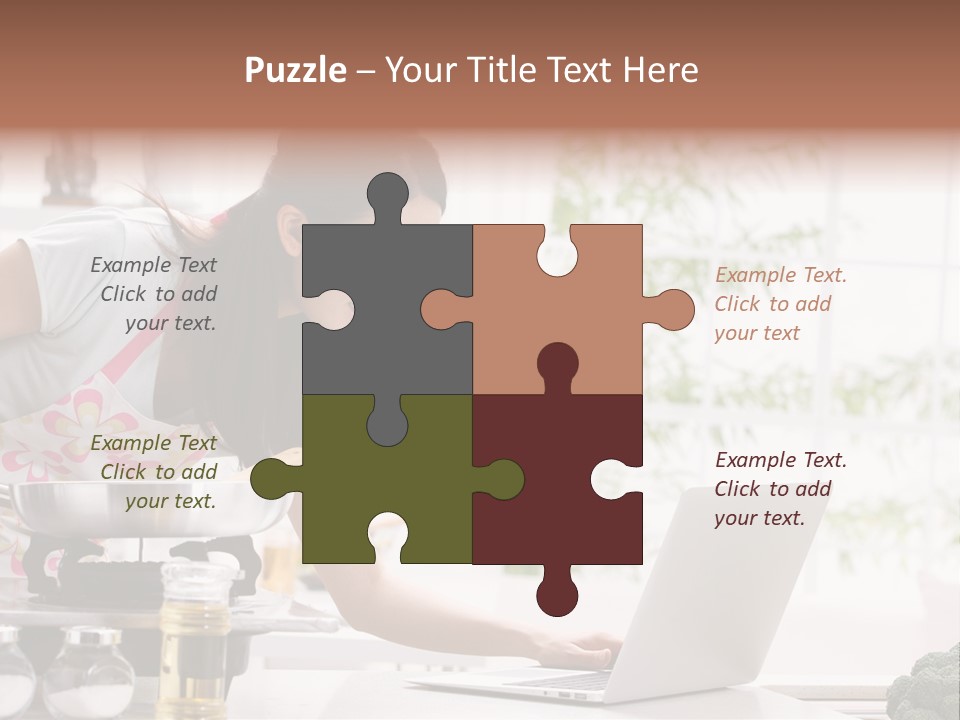 A Woman Using A Laptop On A Kitchen Counter PowerPoint Template