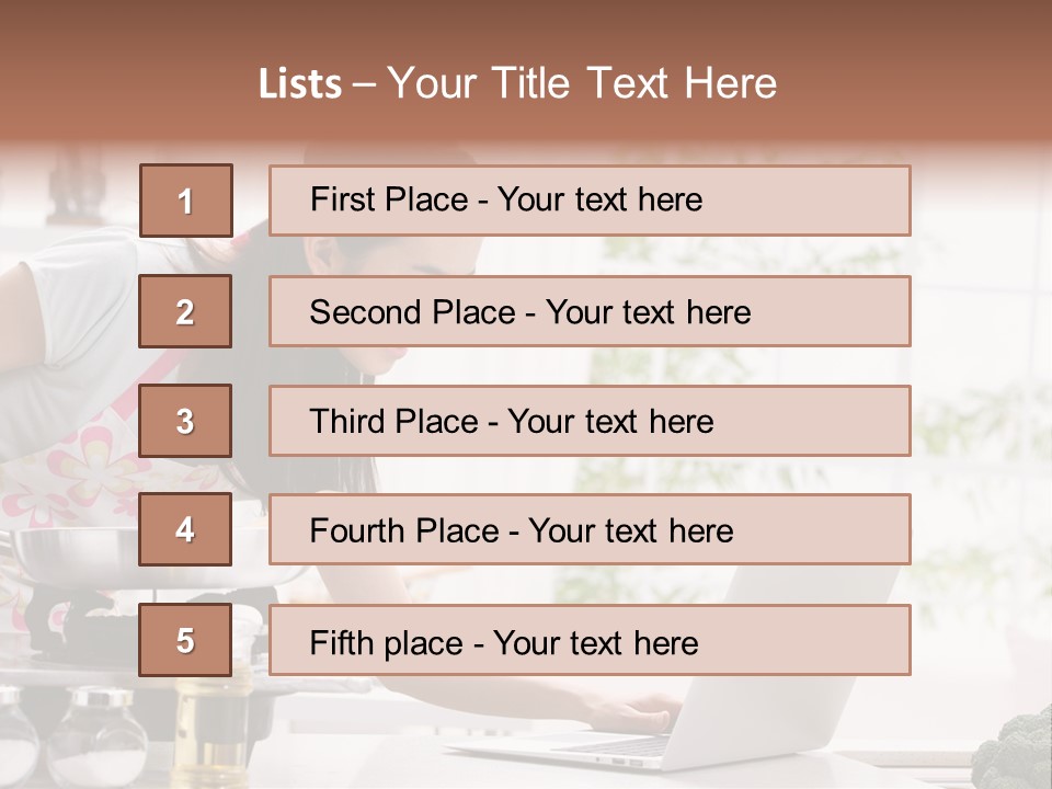 A Woman Using A Laptop On A Kitchen Counter PowerPoint Template