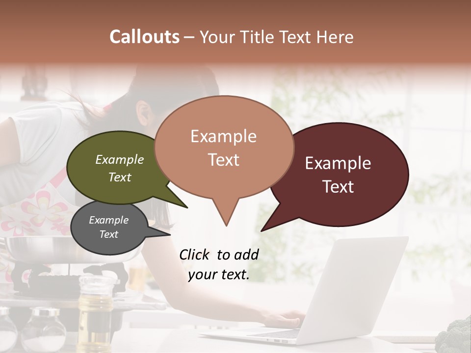 A Woman Using A Laptop On A Kitchen Counter PowerPoint Template