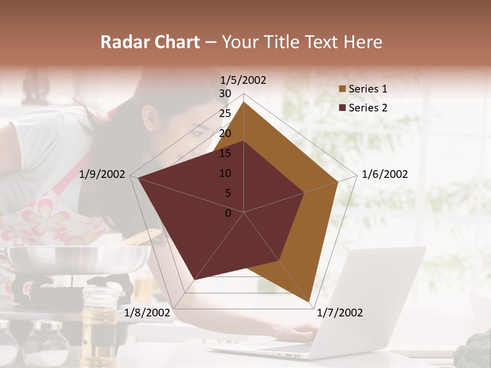A Woman Using A Laptop On A Kitchen Counter PowerPoint Template