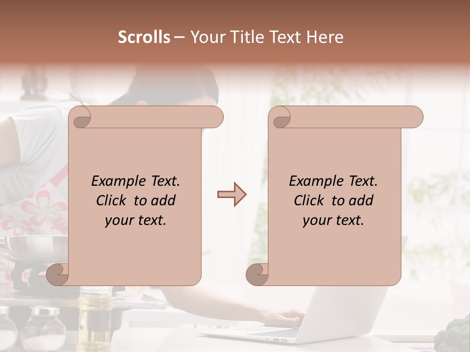 A Woman Using A Laptop On A Kitchen Counter PowerPoint Template