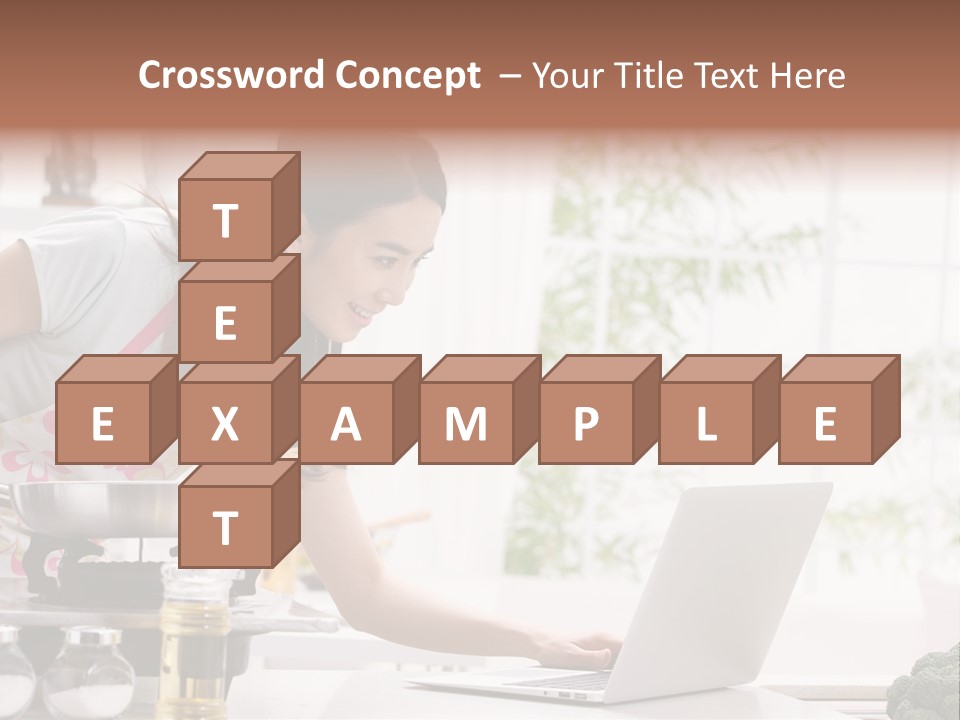 A Woman Using A Laptop On A Kitchen Counter PowerPoint Template