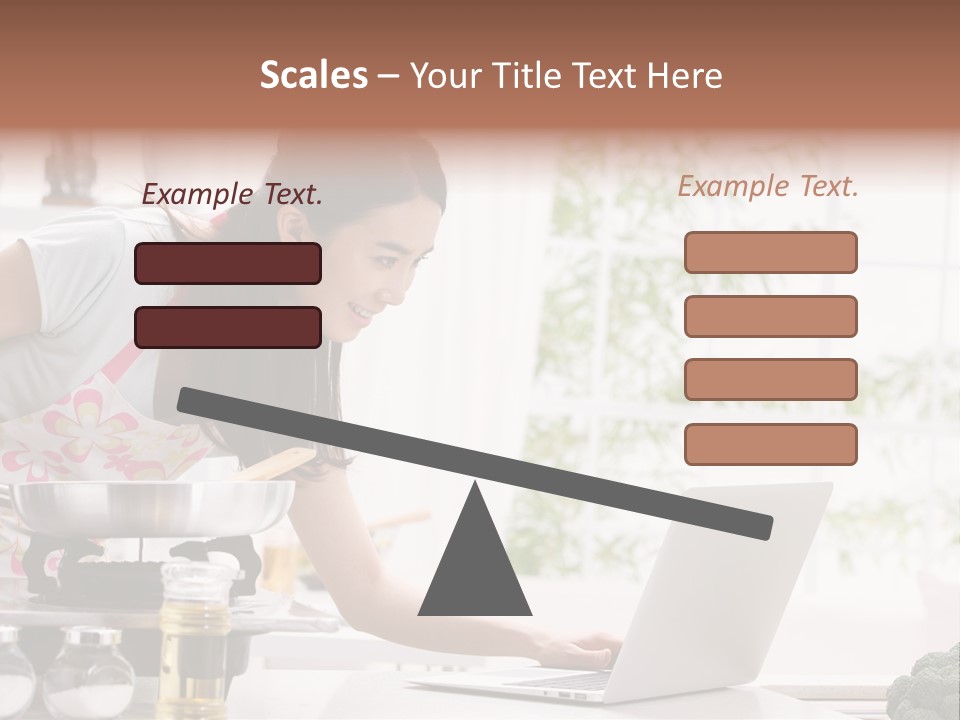 A Woman Using A Laptop On A Kitchen Counter PowerPoint Template
