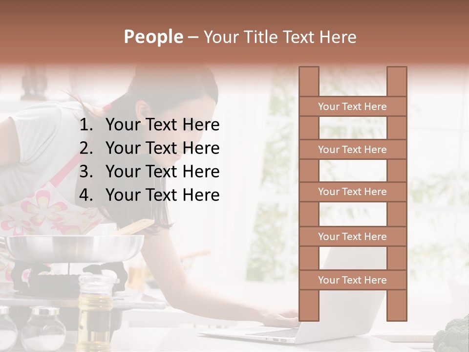 A Woman Using A Laptop On A Kitchen Counter PowerPoint Template